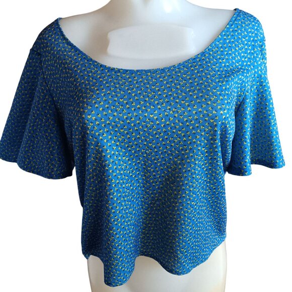 Vintage Medium Crop Peasant Top 1of1 Handmade 1970's Blue Yellow Floral Granny - Picture 2 of 5